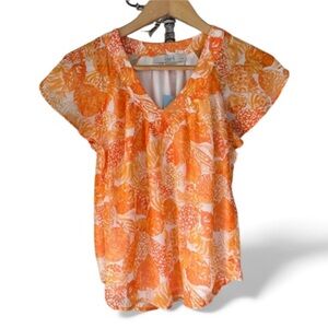 Loft seashell blouse Orange tropical lined v neck Top flutter sleeve XXS petite